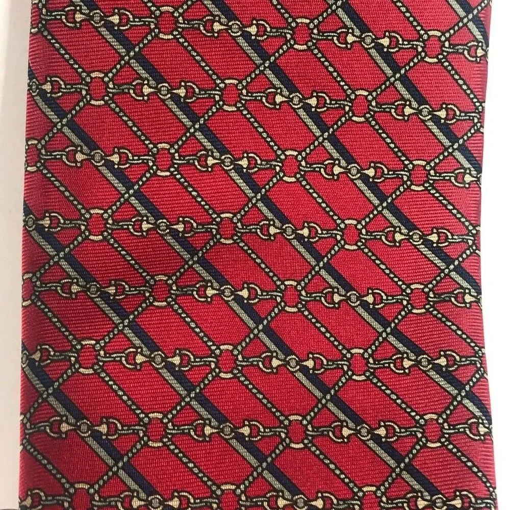 Mark Alexander Red Silk Equestrian Horse Bit Chain Diamond Grid Necktie USA Tie